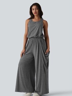 Wide-Leg Grey Jumpsuit with Elastic Waist